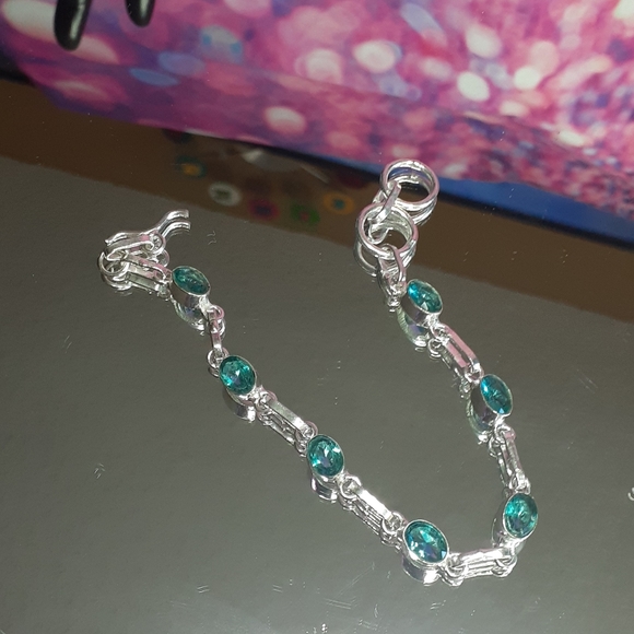 Genuine AAA Oval Aquamarine S925 Silver Bracelet - Picture 1 of 10